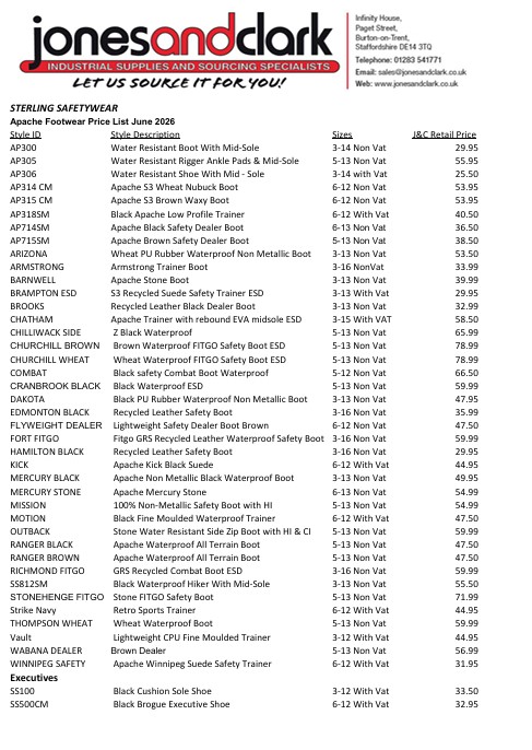 Sterling Safety Footwear Apache Price List Jun 2026